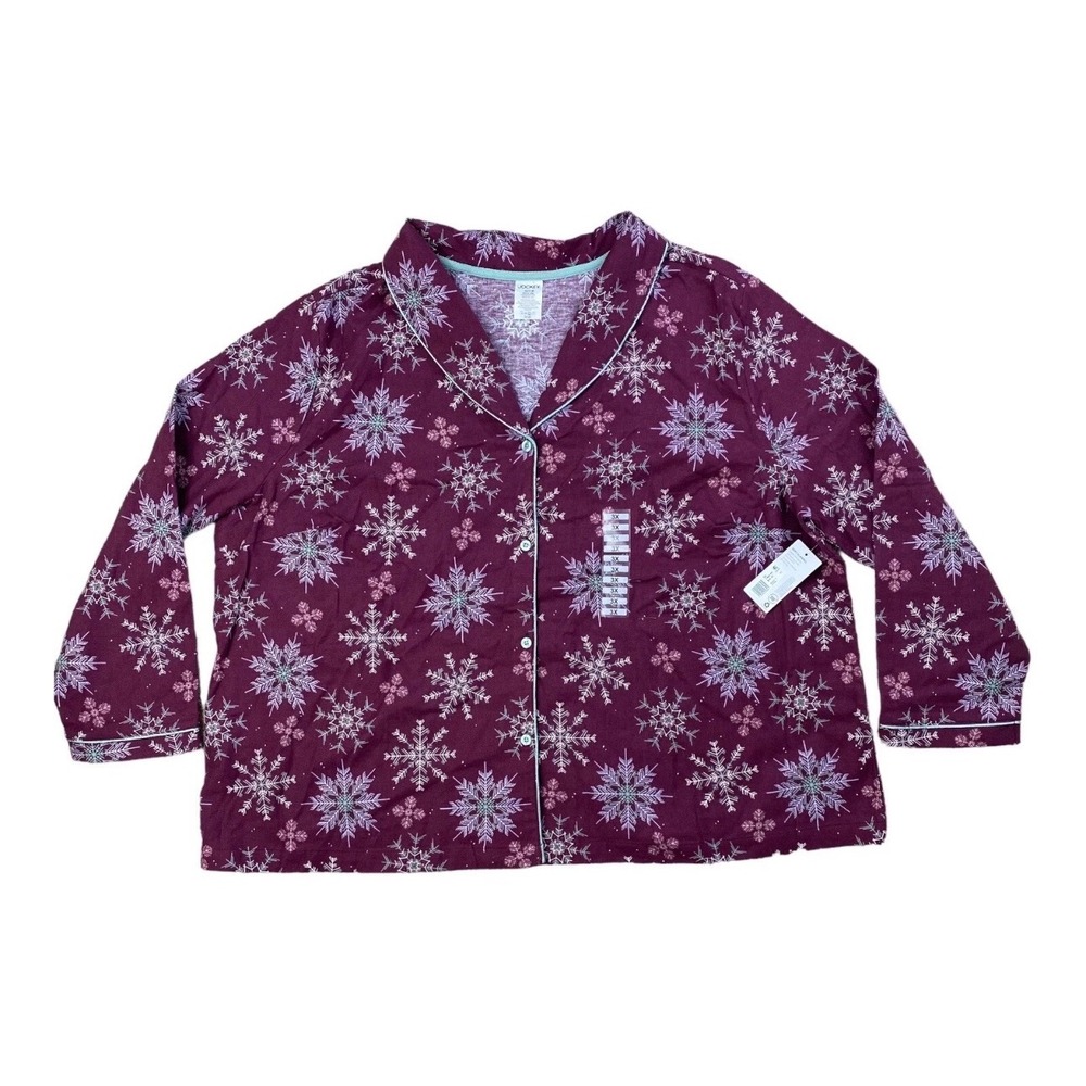 Jockey Womens 3X Soft Flannel Pajama Top Burgundy Snowflake Button Front New NWT